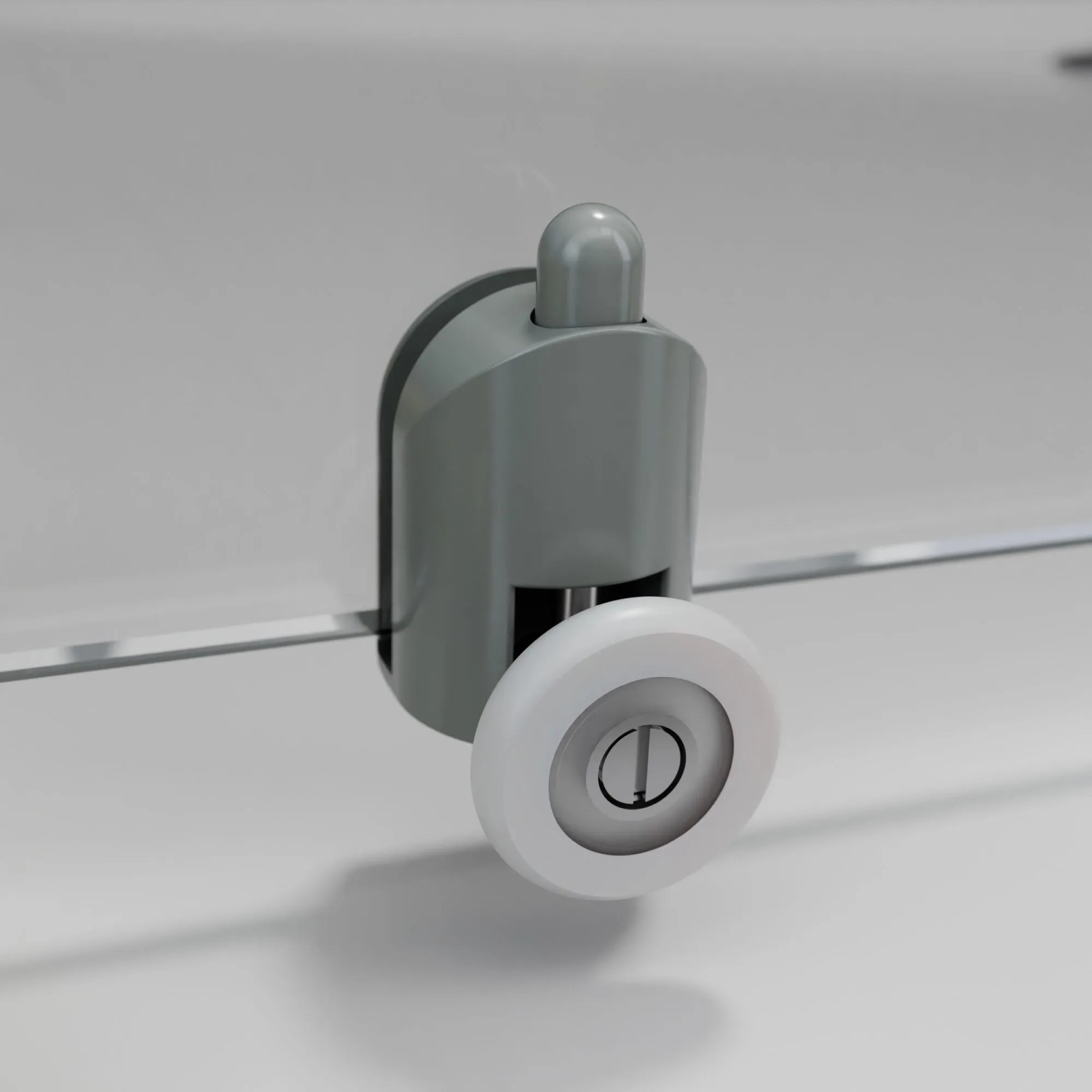 Detailaufnahme: Rolle der Schulte Sunny Eckdusche mit Schiebetüren in Gunmetal.