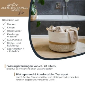 Großer HMF Aufbewahrungskorb aus Baumwolle, weiß-braun, mit Griffen, gefüllt mit Handtüchern im Bad. 70L für Wäsche & Ordnung.