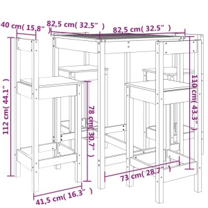vidaXL Gartenbar-Set, 5-teilig, schwarz, Kiefer Massivholz, mit Maßen.
