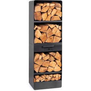 CookKing Kaminholzregal Vento mit 4 Ablagen und Schublade, gefüllt mit Holz.