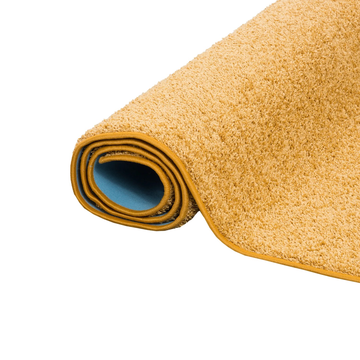 Gerollter, currygelber Hochflor-Teppichläufer Mona, 80x240 cm. Weicher Velours für Wohnbereiche.