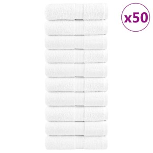 Stapel weiße vidaXL Premium Seiftücher, 50 Stück, 30x30 cm, 100% Baumwolle.