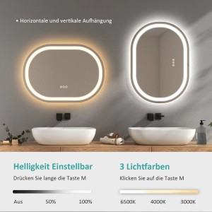 Emke Oval Badspiegel 70x50 cm mit LED-Beleuchtung und 3 Lichtfarben im Badezimmer.