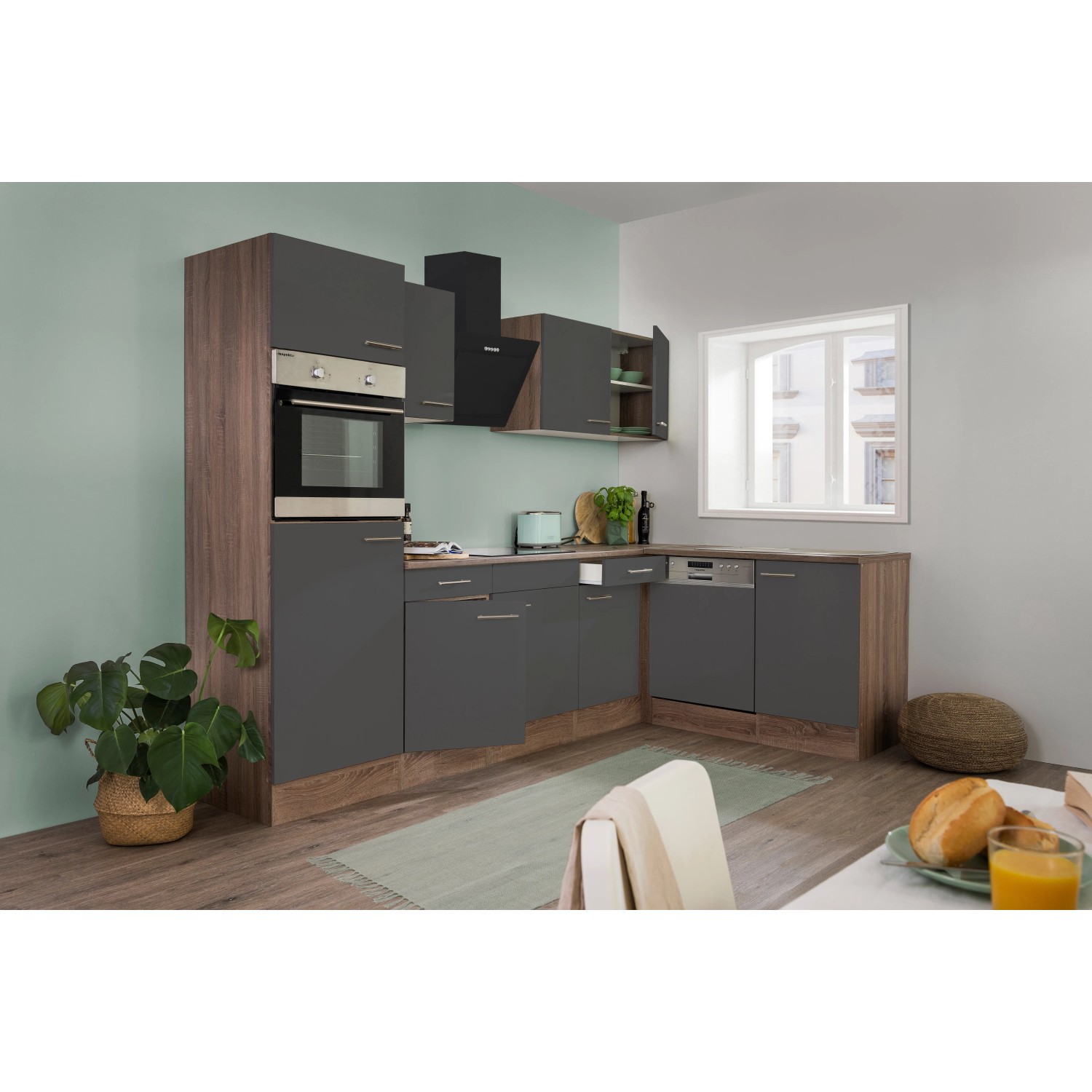 Respekta Winkelküche 280 cm in Grau Seidenglanz und Eiche York Optik mit E-Geräten.