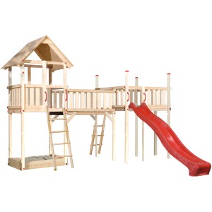 Weka Spielelandschaft Tabaluga mit Rutsche, Spielturm, Sandkasten und Brücke.