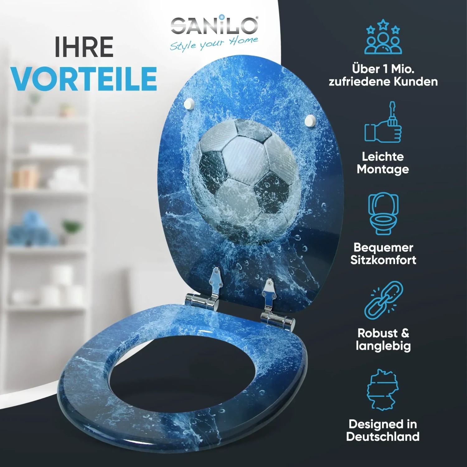 Sanilo WC-Sitz Soccer mit Absenkautomatik, Holz Toilettendeckel mit Fußball Motiv.