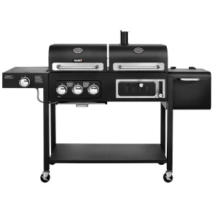 Schwarzer Taino Hero Duo Kombigrill: Gasgrill, Holzkohlegrill & Smoker auf Grillwagen mit Ablagen.