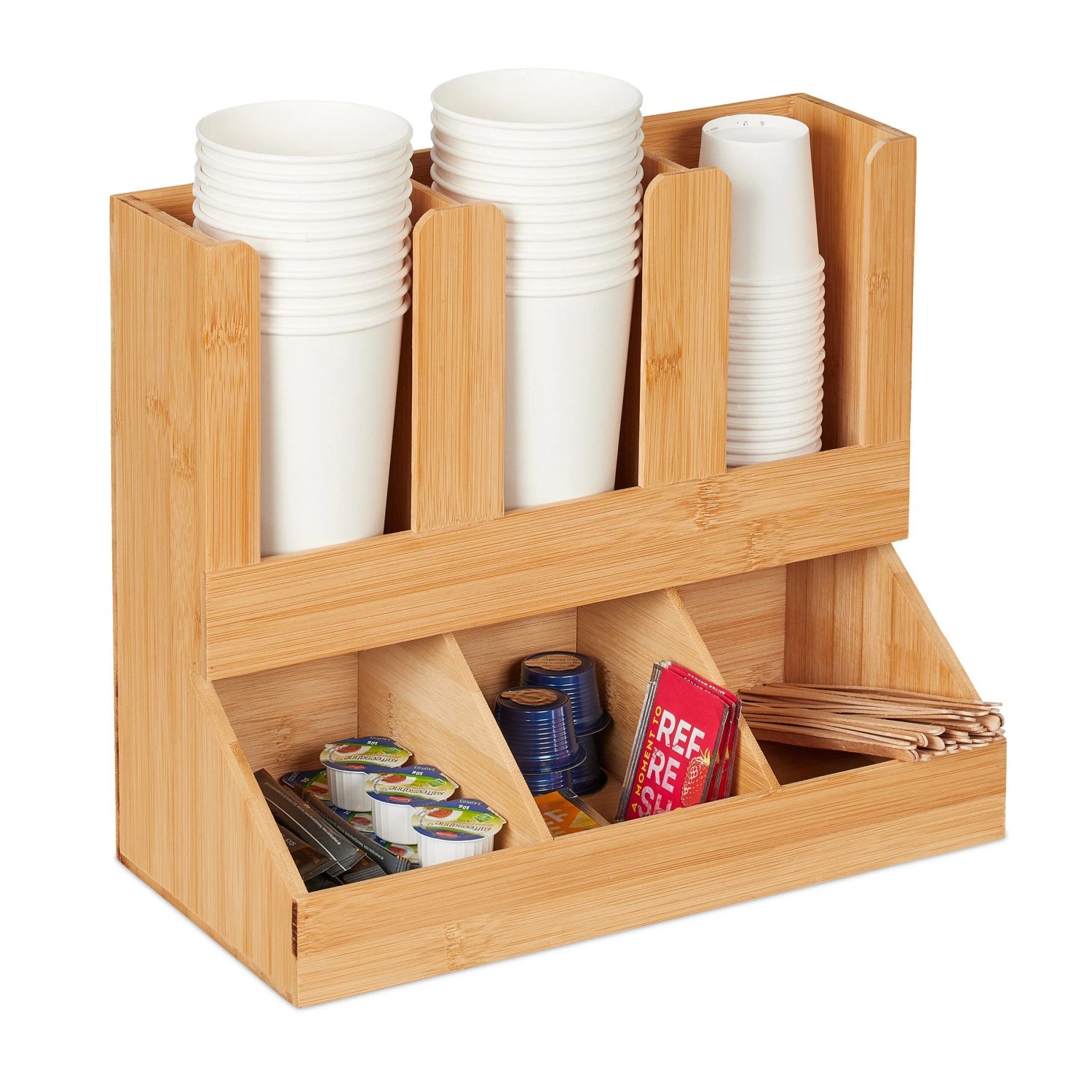 Relaxdays Kaffee Organizer Bambus MDF Natur 6 Fächer 29,5 cm x 34,5 cm x 17 cm 1,4 kg