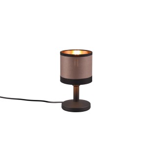 Schwarze Reality Design-Tischlampe Davos mit Stoffschirm in Taupe-Schwarz und goldener Innenseite.