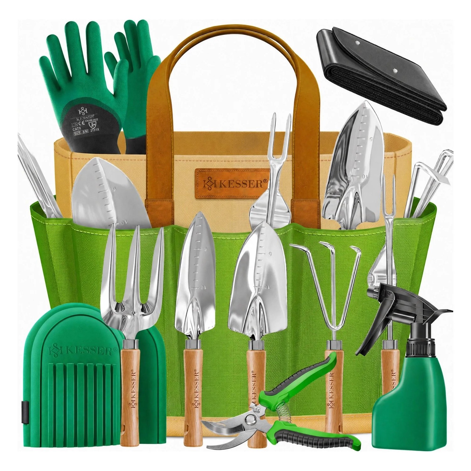 KESSER Gartenwerkzeug Set mit Tasche und Knieschoner Sand Grün 10 Teile