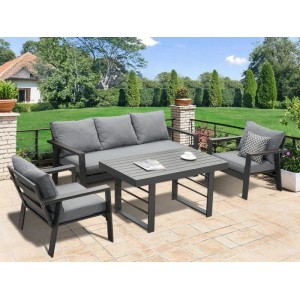 MeXo Aluminium Dining Lounge Set in Grau mit Esstisch für 5 Personen auf Terrasse. Bequeme Gartenmöbel mit Polstern.