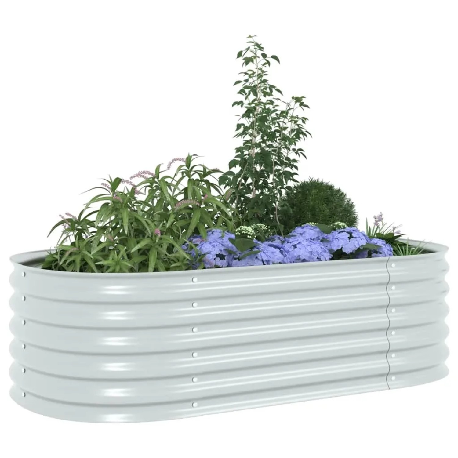 Silbernes furnicato Garten-Hochbeet aus verzinktem Stahl, bepflanzt mit Blumen und Pflanzen.