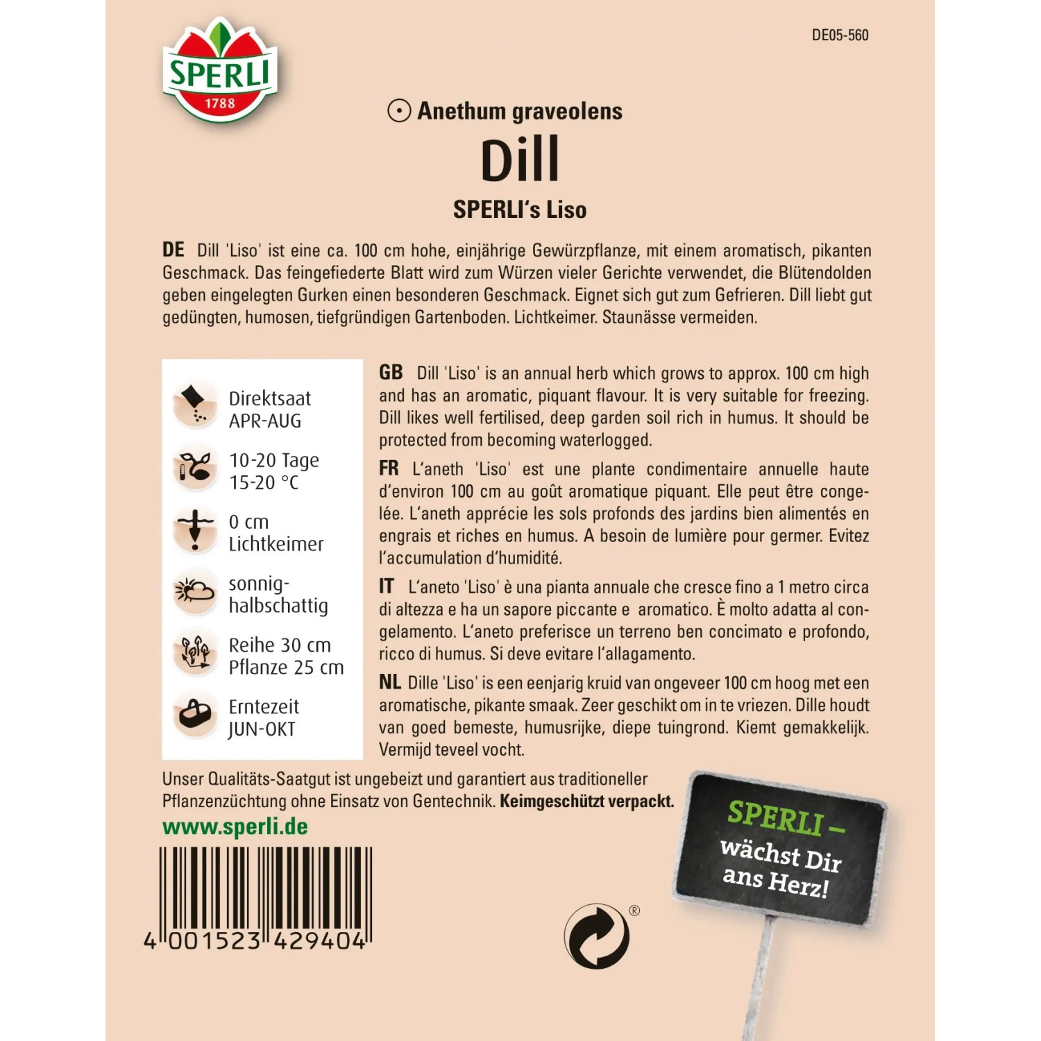 Sperli Dill Sperlis Liso Kräutersamen Packung mit Dill-Abbildung.