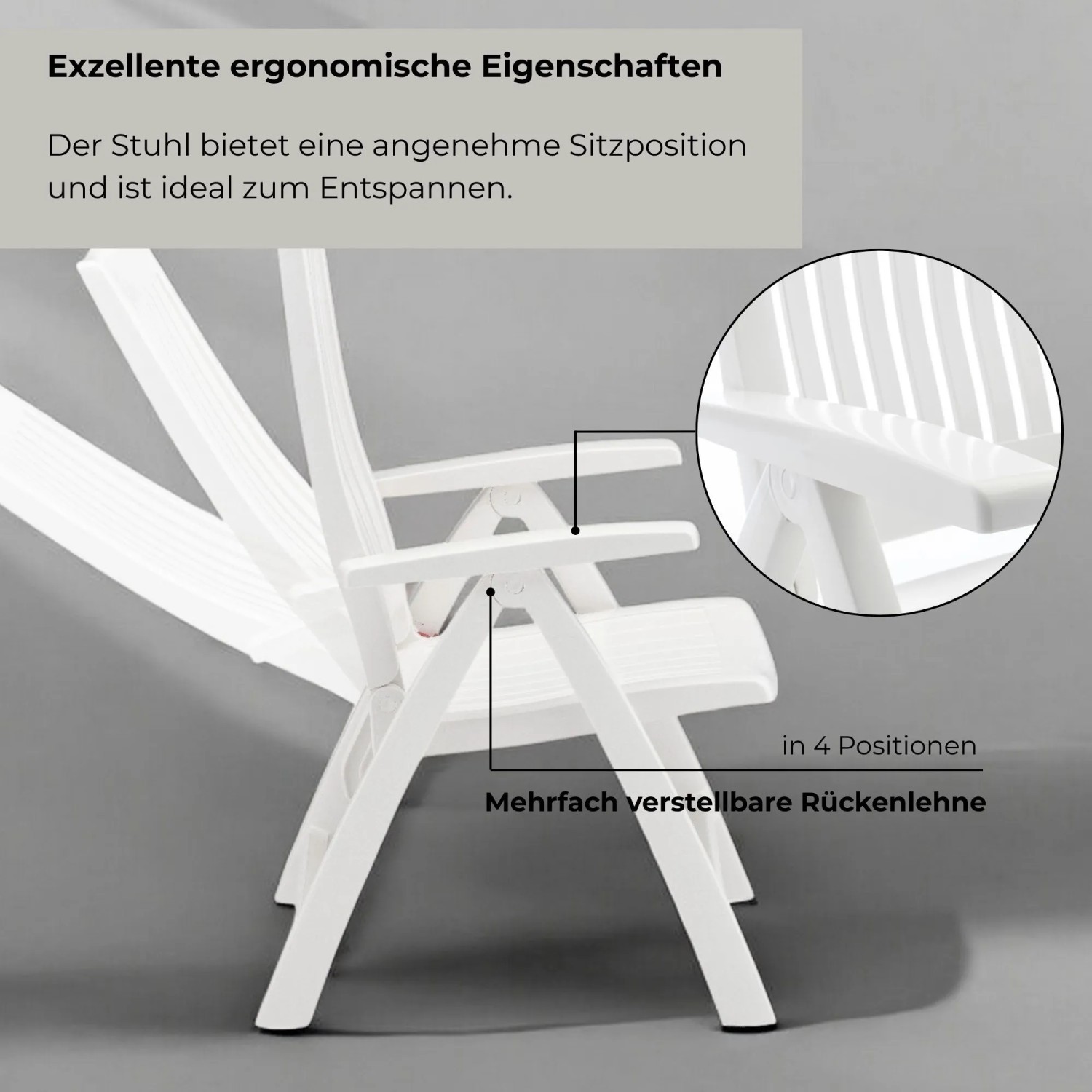 Weißer Kettler ROMA Gartensessel aus Kunststoff mit 4-fach verstellbarer Rückenlehne für entspannte Stunden.