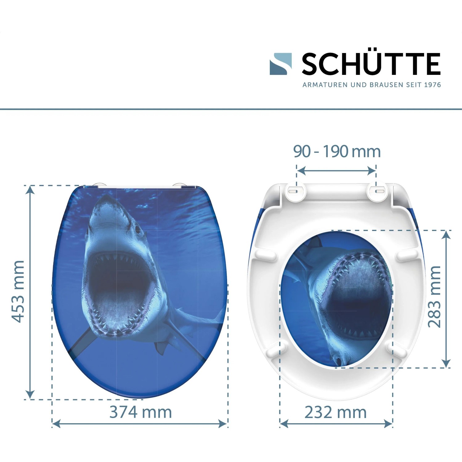 Schütte WC-Sitz Shark Duroplast mit Absenkautomatik und den Maßen.