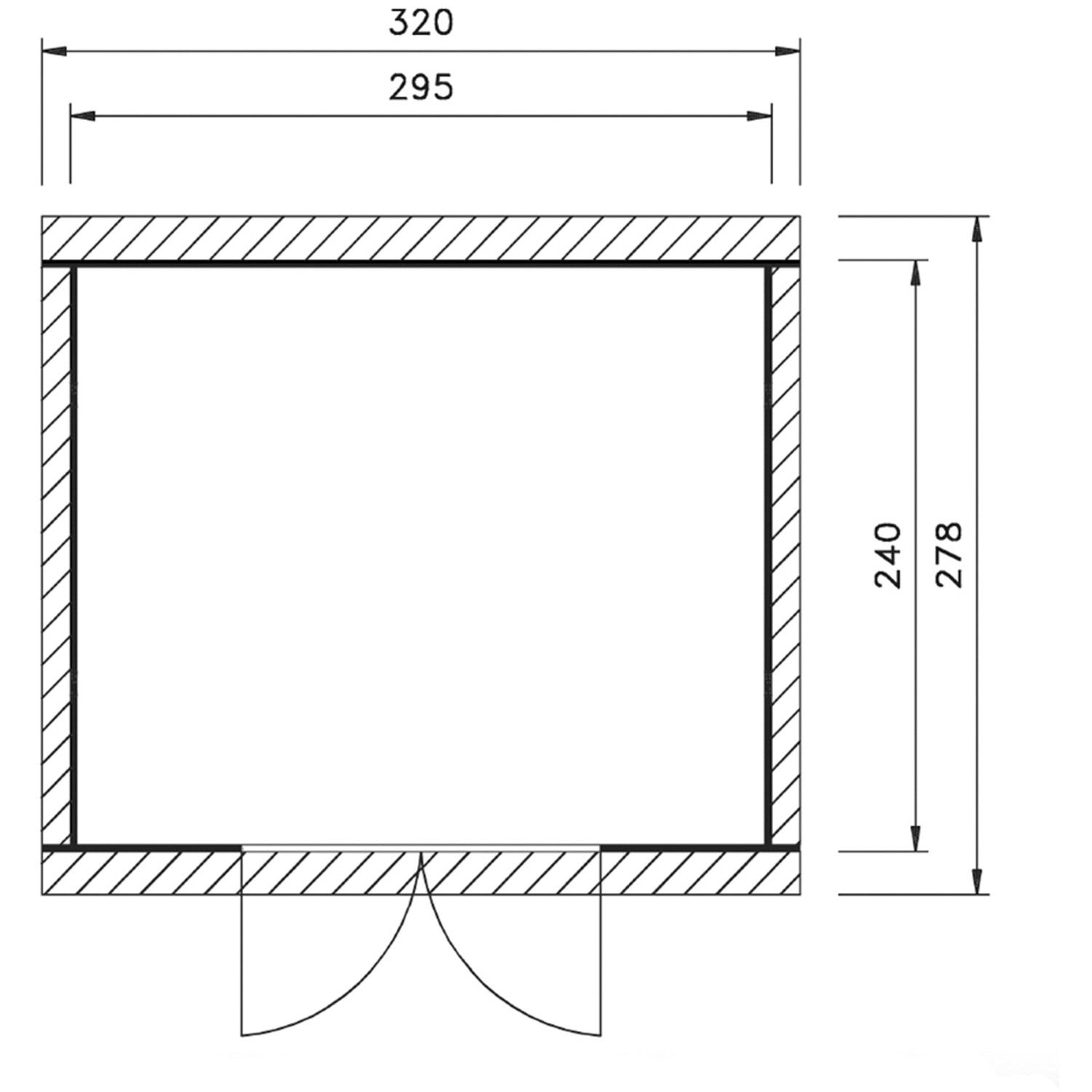 Grundriss weka Holz-Gartenhaus Taro B, 295x240 cm, mit Maßen und Doppeltür.