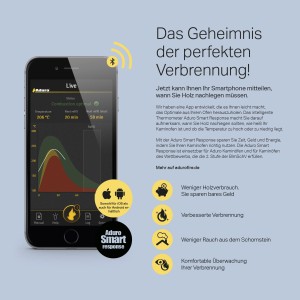 Aduro Kaminsteuerung Smart Response App auf Smartphone zur Kaminofen-Optimierung.