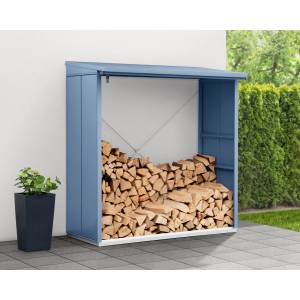 EcoStar Kaminholzregal Elegant-V, taubenblau, aus Metall, gefüllt mit Holz.