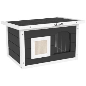 Graues PawHut Katzenhaus aus Tannenholz mit Kratzmatte und Tür.