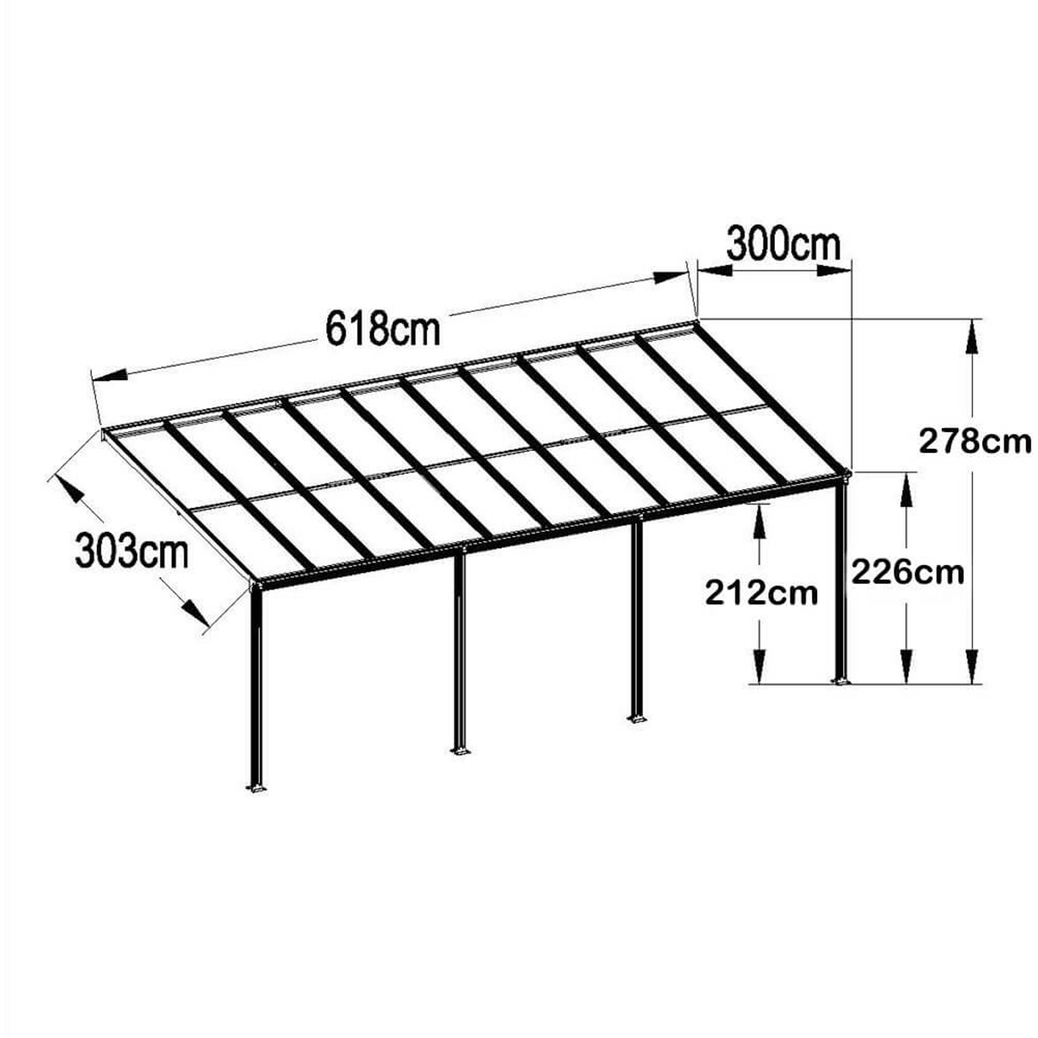 Technische Zeichnung der Home Deluxe Terrassenüberdachung Solis Alu in Anthrazit mit Maßangaben.