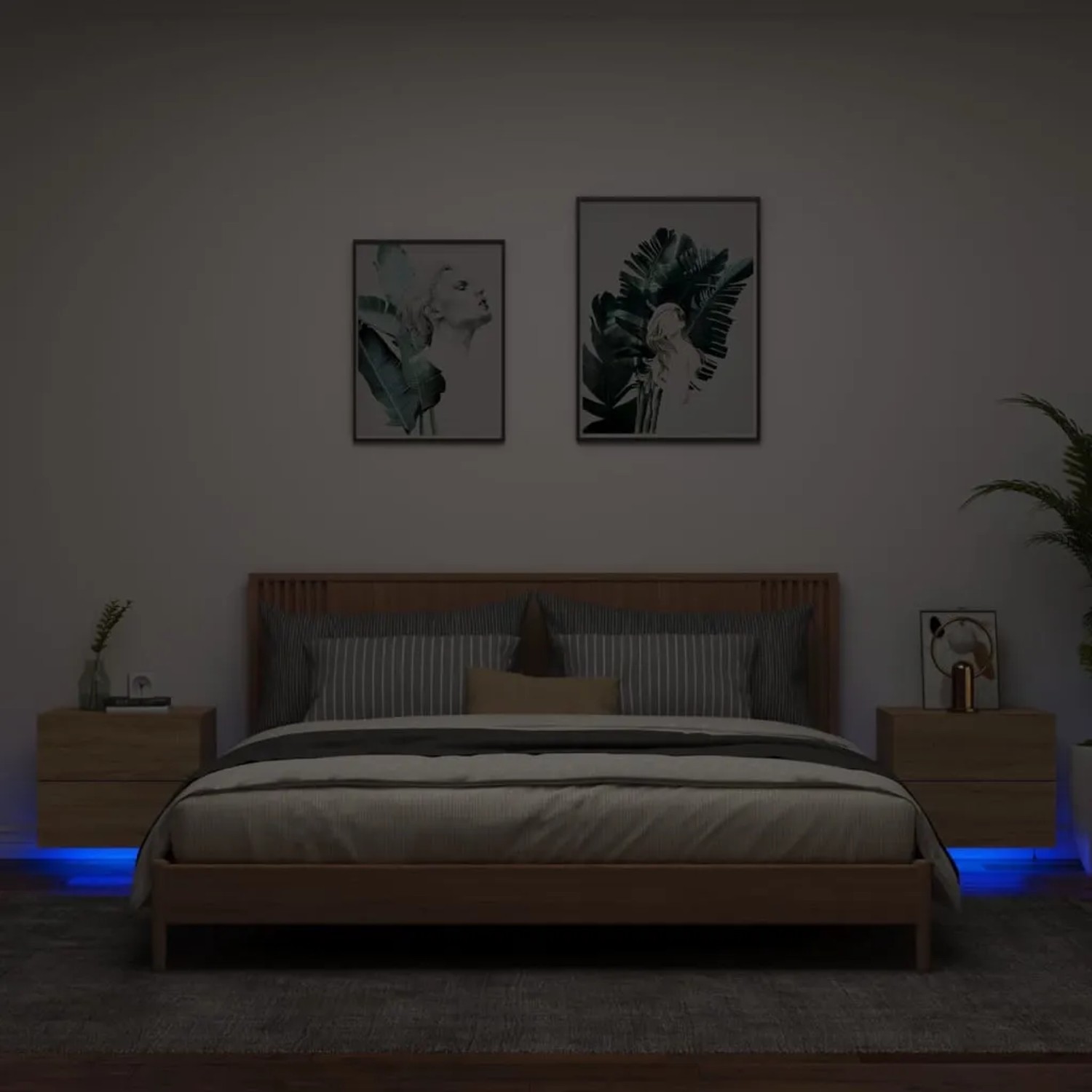 Zwei Wand-Nachttische Sonoma-Eiche mit LED-Beleuchtung im Schlafzimmer.