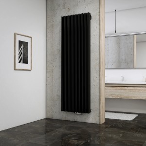 Schulter Design-Heizkörper London, Anthrazit, mit Mittenanschluss im modernen Bad.
