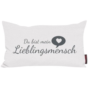 Weißes Magma Kissen „Lieblingsmensch“, 30x50 cm, mit grauem Schriftzug und Herz. Dekoratives Kissen für Wohnräume.