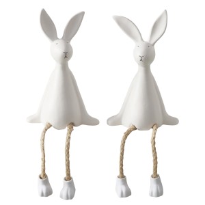 2er Set Boltze Kantenhocker Johannes, weiße Osterhasen-Figuren mit Sisal-Beinen, 25x67x10 cm.