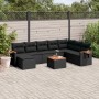 Schwarze 9-tlg. vidaXL Garten-Sofagarnitur aus Poly Rattan mit Kissen und Akazientisch.