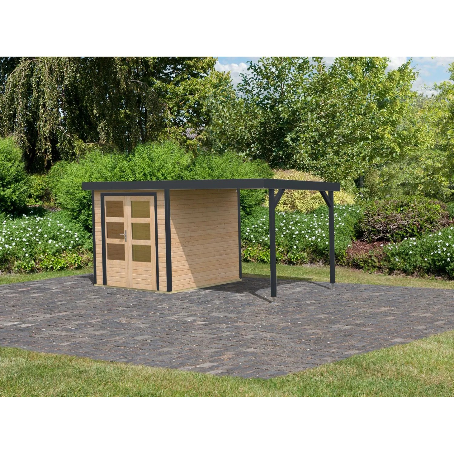 Karibu Gartenhaus Set Ernesto A Naturbelassen Anthrazit Mit Anbaudach 4 karibu-gartenhaus-set-ernesto-a-naturbelassen-anthrazit-mit-anbaudach-4