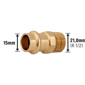 Übergangsnippel aus Rotguss, 15 mm x 21 mm (R 1/2), für Pressfittings in Heizung und Sanitär.