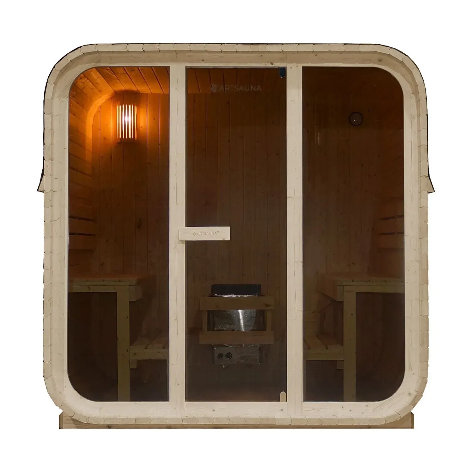 Artsauna Cube Fasssauna Fjora mit Glasfront, Fichtenholz und zwei Bänken.