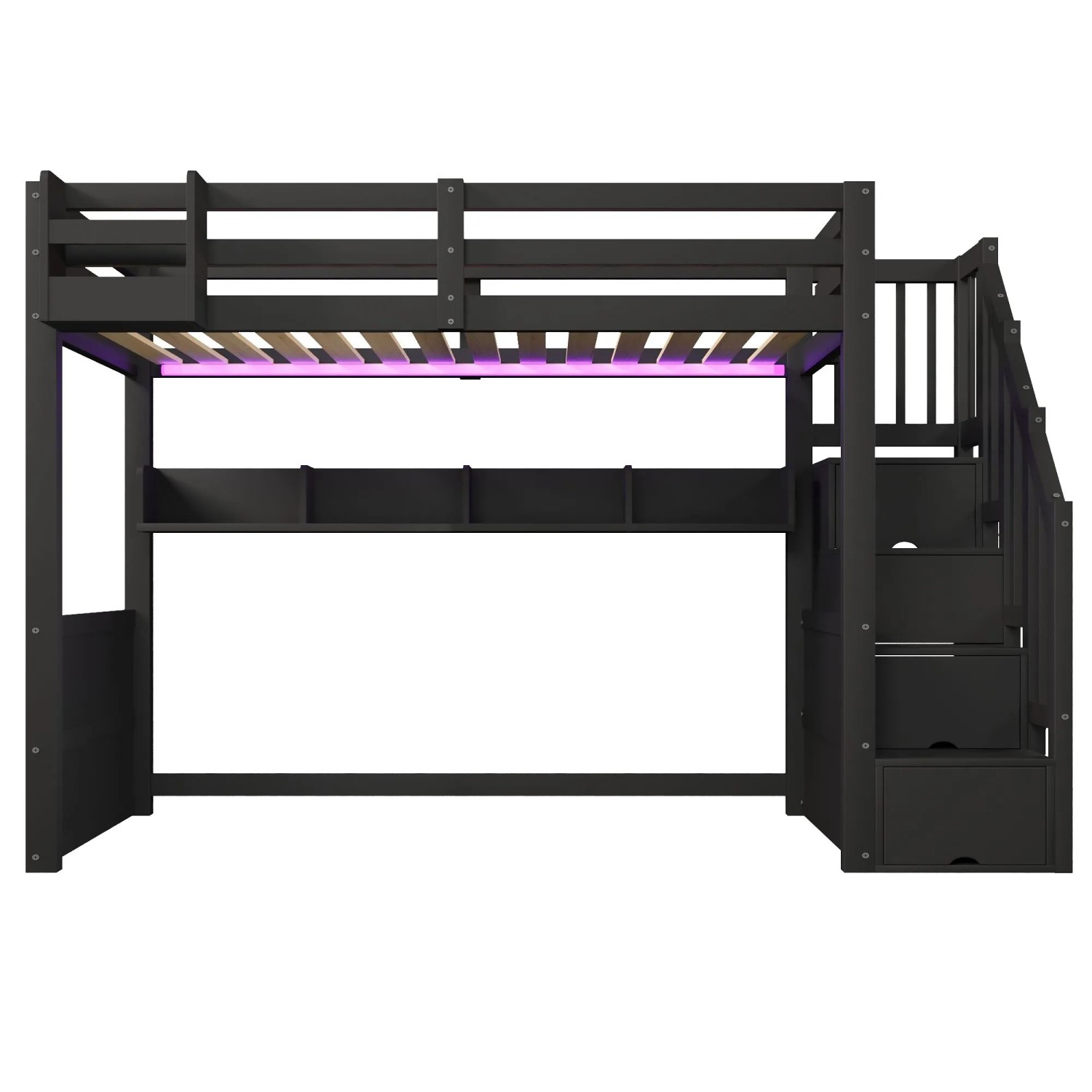 Merax Holz Hochbett 90x200 cm Mit Stauraumschränken Treppe Stauraum LED Schwarz