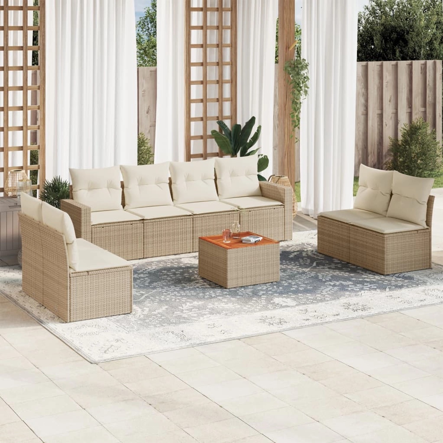 Beige 9-teilige vidaXL Garten-Sofagarnitur aus Polyrattan mit Kissen. Gartenmöbel für Terrasse und Garten.