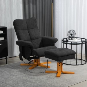 Schwarzer HOMCOM Massagestuhl mit Hocker, Relaxsessel mit Liegefunktion und Holzfuß