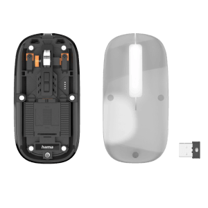 Hama Multi-Device-Maus WM-600, transparente Funkmaus mit USB-Empfänger, Unterseite und Draufsicht.