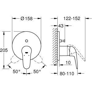 Technische Zeichnung der Grohe Eurostyle Einhand-Wannenbatterie in Chrom mit Maßen.
