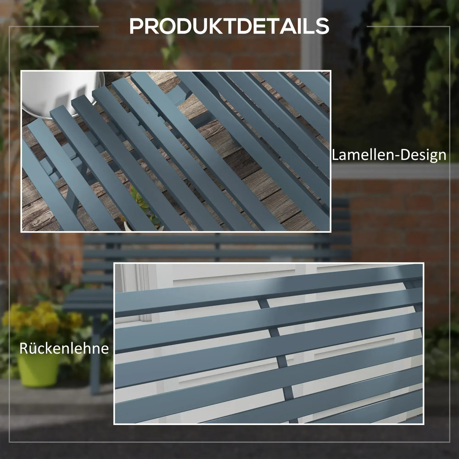 Detailansicht der blauen Outsunny Gartenbank aus Aluminium mit Lamellendesign und Rückenlehne.