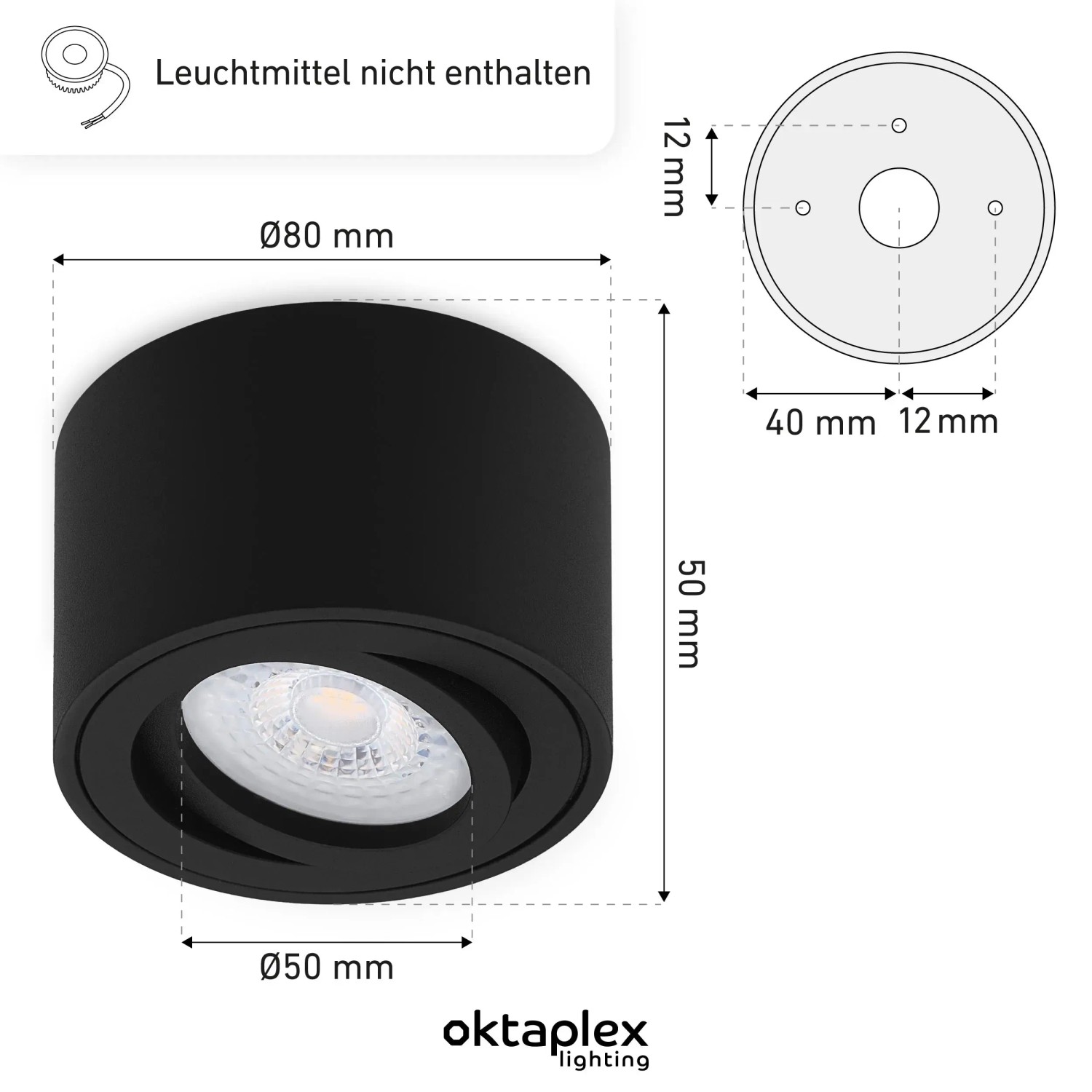 Oktaplex Lile S Aufbauspot, 6er Set, schwarz, Aluminium. Deckenstrahler mit Maßen.