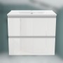 Weißer Hochglanz Waschtisch mit Keramik-Waschbecken und Unterschrank. Modernes Badmöbel-Set mit zwei Schubladen.