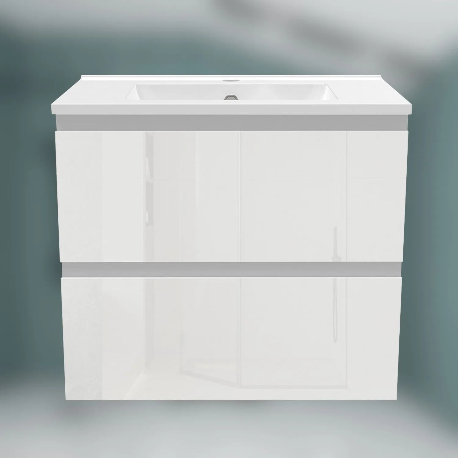 Weißer Hochglanz Waschtisch mit Keramik-Waschbecken und Unterschrank. Modernes Badmöbel-Set mit zwei Schubladen.