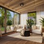 Innenansicht: Weiß lackiertes Palmako Holz-Gartenhaus mit Pultdach und Einrichtung.