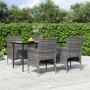 5-teilige Garten-Essgruppe vidaXL in Grau/Schwarz mit Tisch aus Glas und Rattanstühlen mit Kissen.