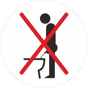 Aufkleber: Bitte nicht im Stehen pinkeln, Ø 6 cm, rotes Verbotssymbol auf weißem Grund.