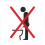 Aufkleber: Bitte nicht im Stehen pinkeln, Ø 6 cm, rotes Verbotssymbol auf weißem Grund.