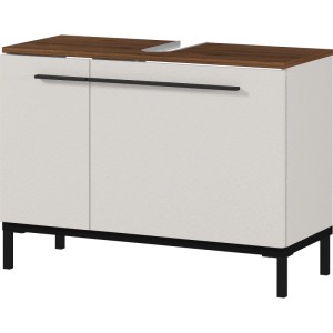 Moderner Waschbeckenunterschrank in Kaschmir und Nussbaum-Optik mit zwei Türen, schwarzen Metallgriffen und -füßen.