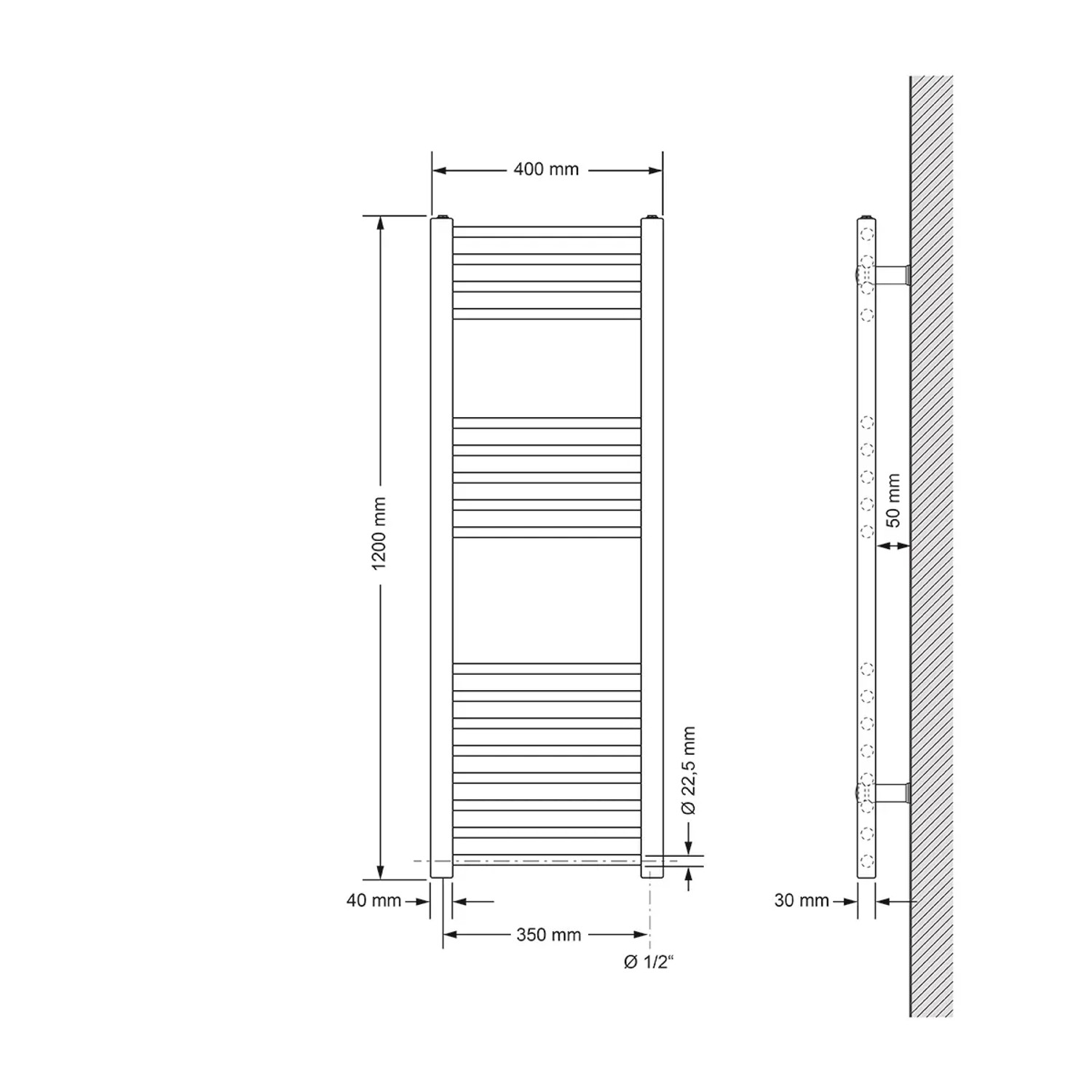 Skizze: LuxeBath Badheizkörper Sahara, 400x1200mm, Chrom, mit Maßangaben.