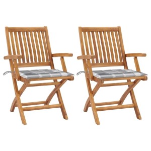 vidaXL Gartenstühle 2 Stk Graue Karomuster-Kissen Massivholz Teak 3062420