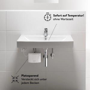 Clage Kleindurchlauferhitzer M3/END mit Armatur unter Waschbecken montiert.