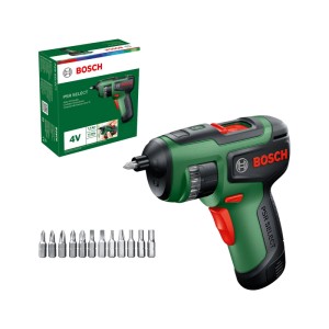 Bosch Akkuschrauber PSR Select, grün-schwarz, mit integrierter Bit-Trommel und 12 Schrauberbits. Kompaktes Akkugerät.